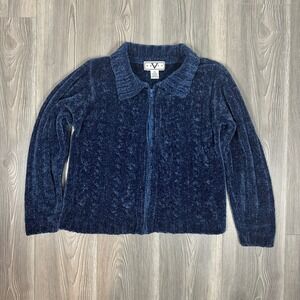 Dark Blue Chenille Zip Up Cardigan with Cable‎ Knit Design - SIZE S Y2K 90s